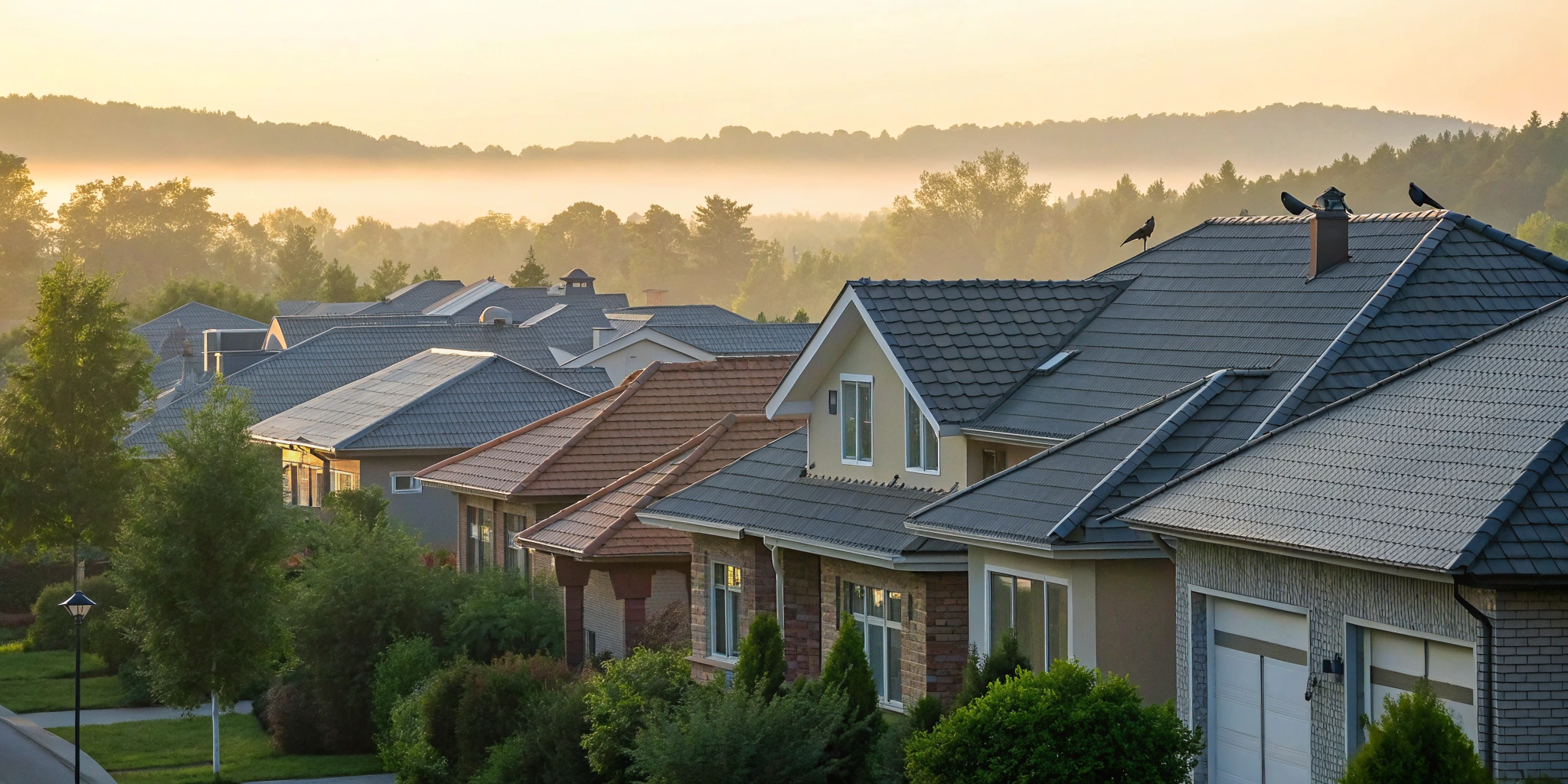 The cost of a new roof for a row of modern suburban homes at sunrise.