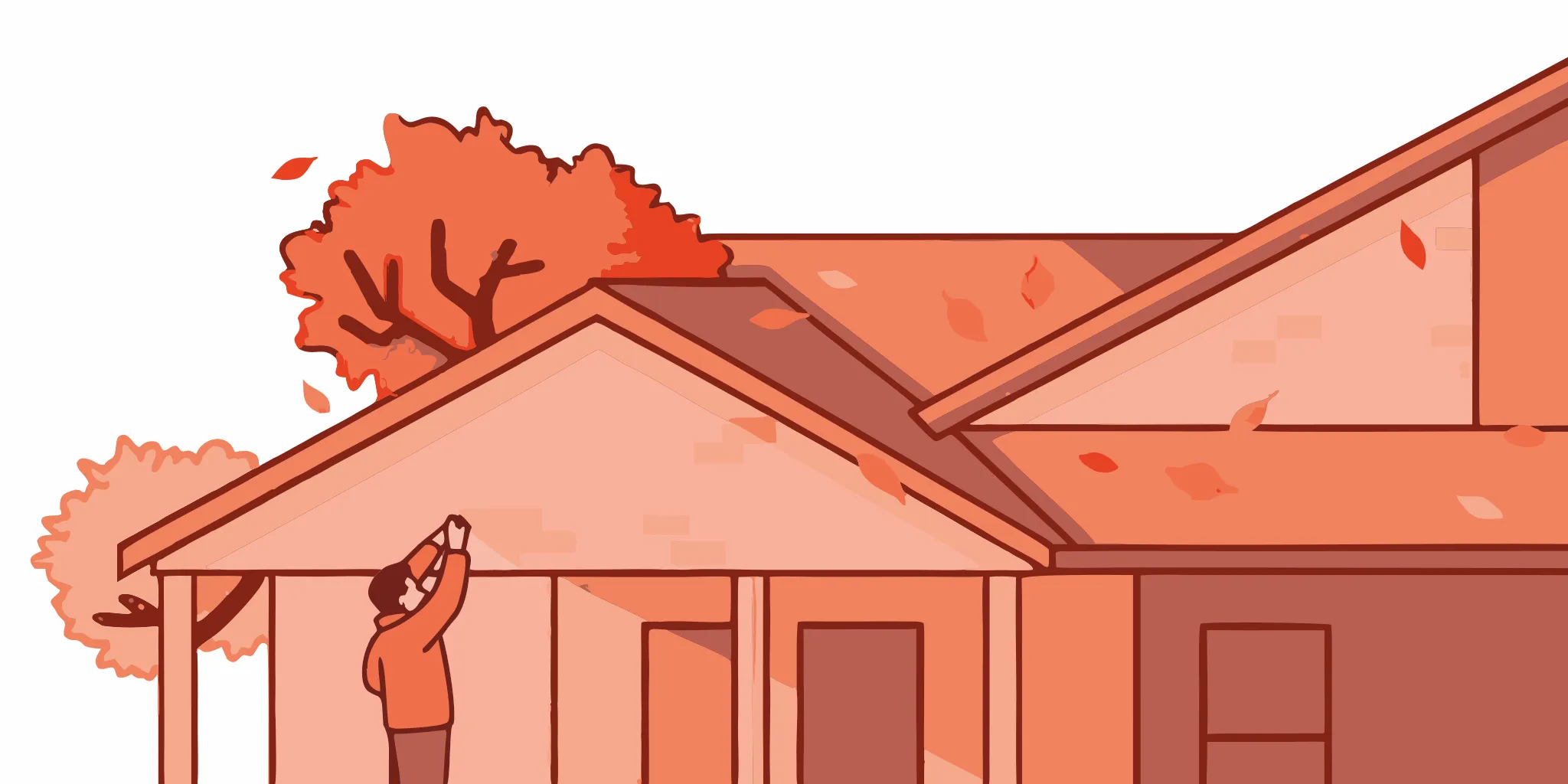 New Jersey homeowner inspecting gutters during autumn with leaves falling, residential house exterior