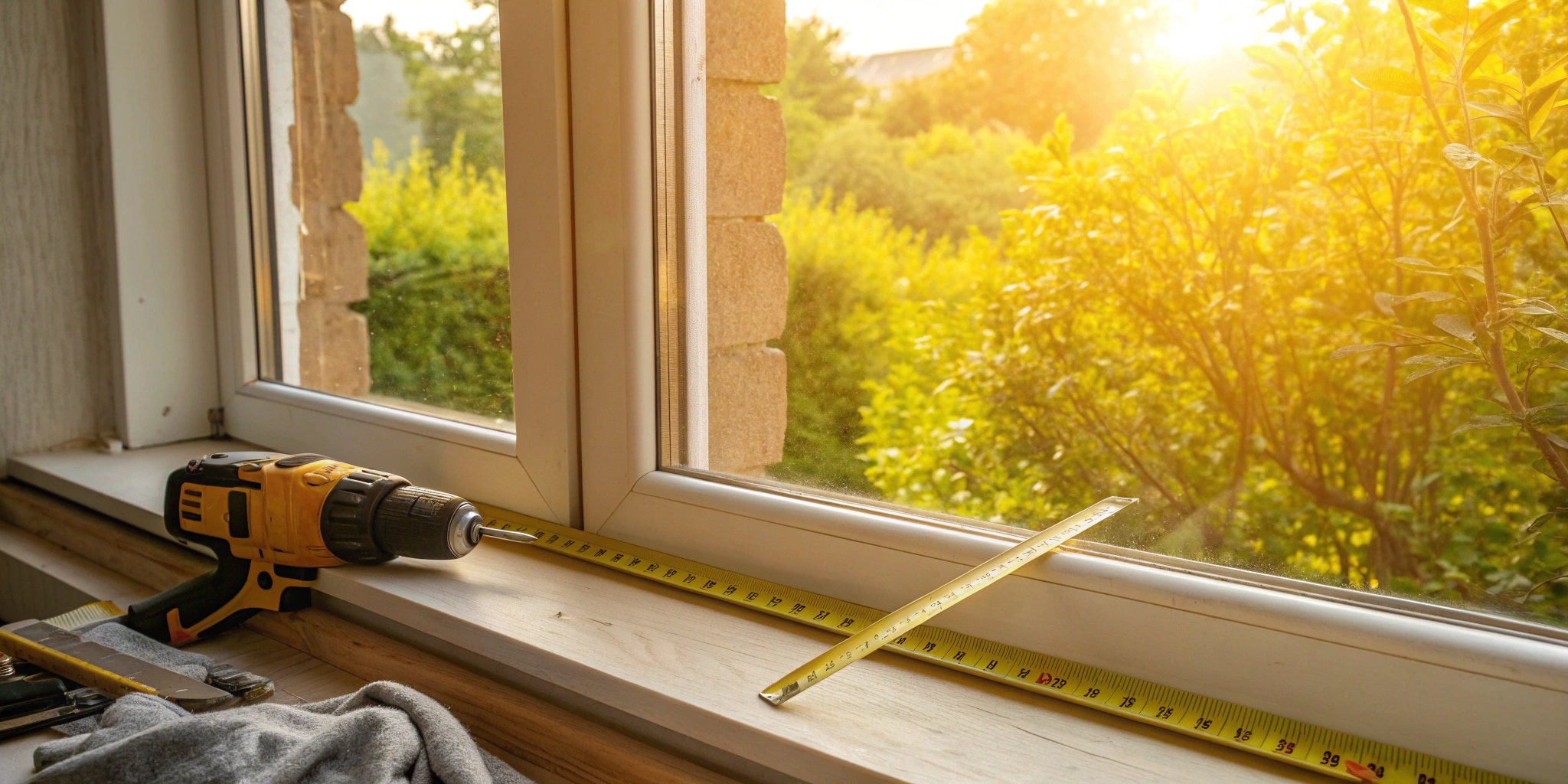 Home window replacement in progress with tools on the window sill.