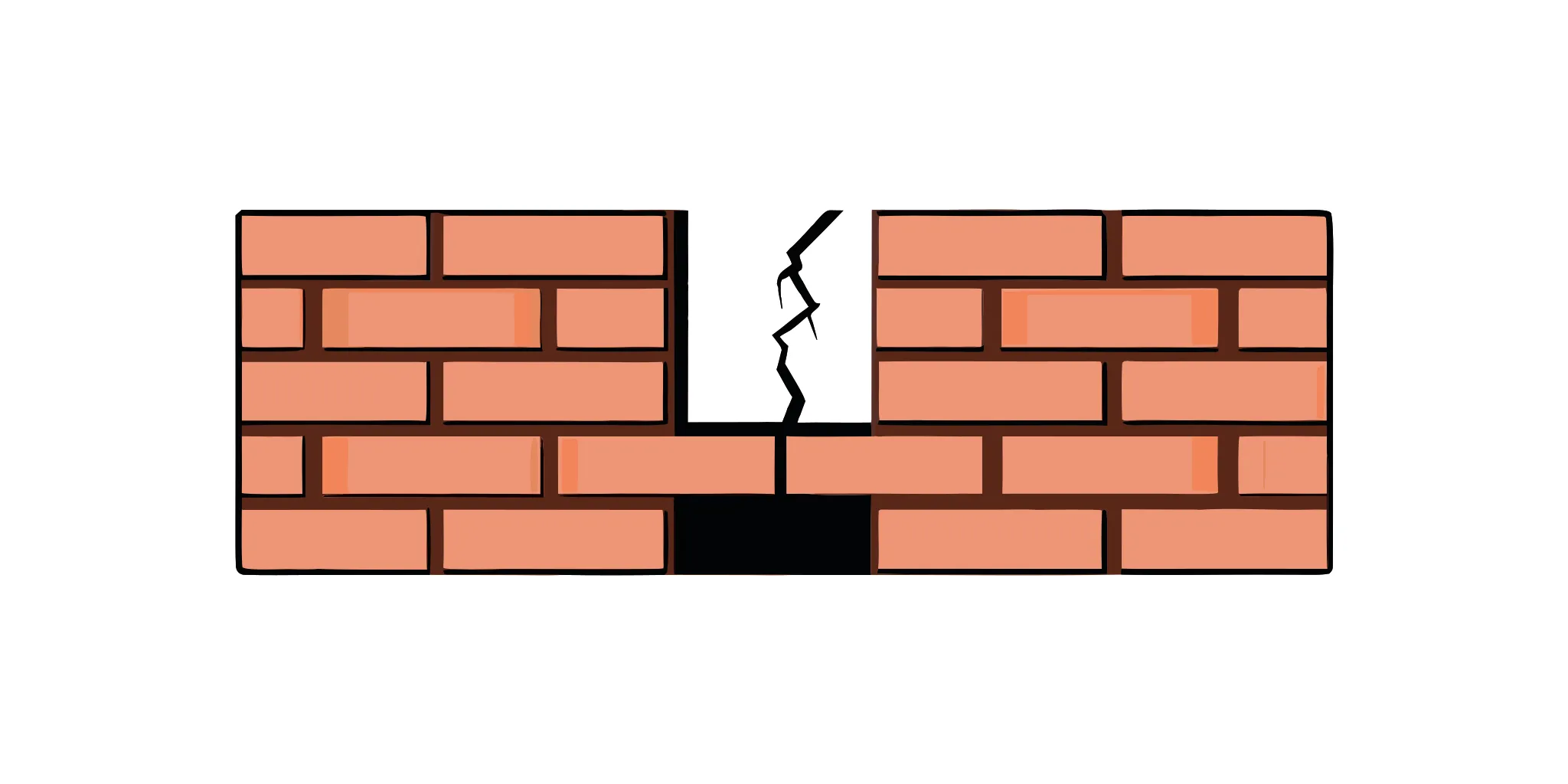 A crack in a brick wall with damaged mortar that needs to be fixed.
