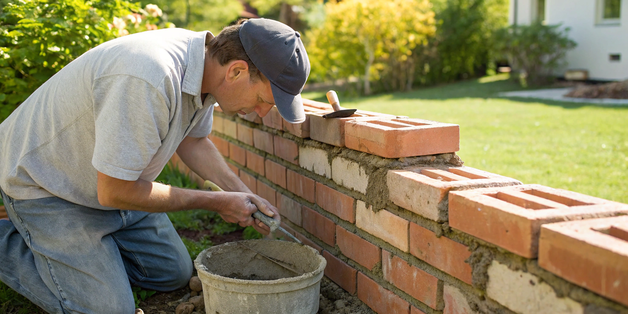 A mason performing a common masonry repair on a cracked brick wall.