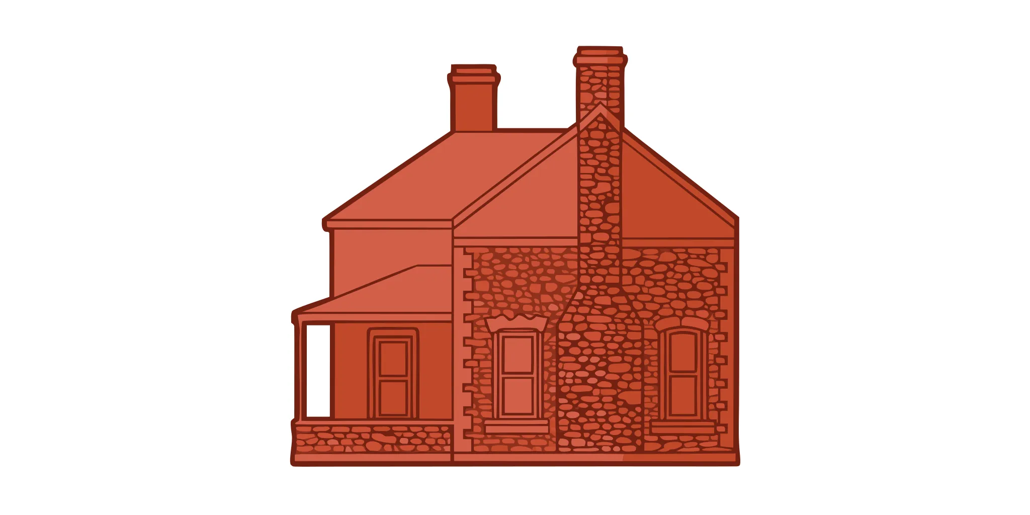 Historic brick home in New Jersey with aged masonry showing chimney and stone foundation details on a sunny day