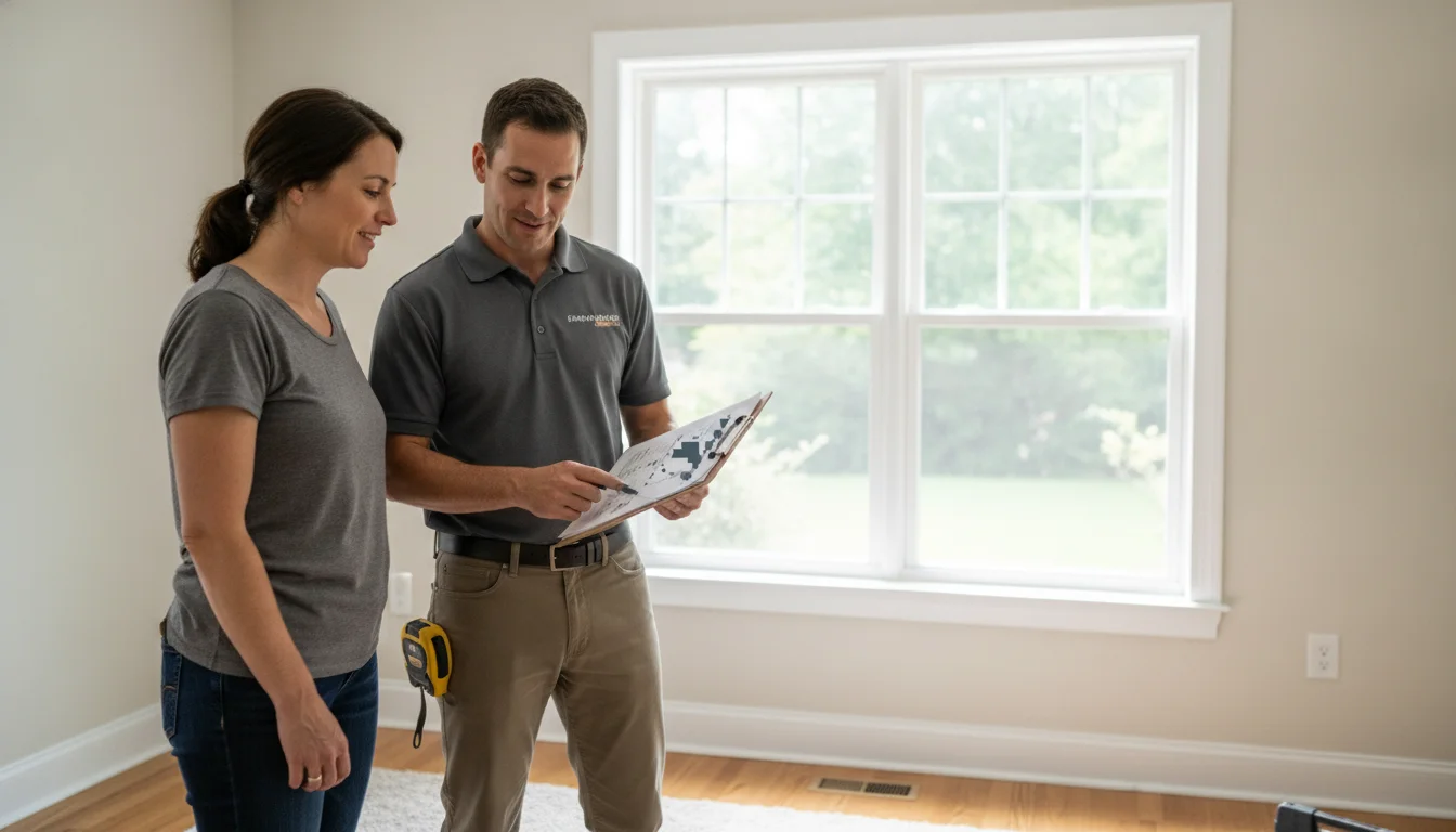 NJ homeowner reviewing new construction window energy ratings with a contractor beside a bright window