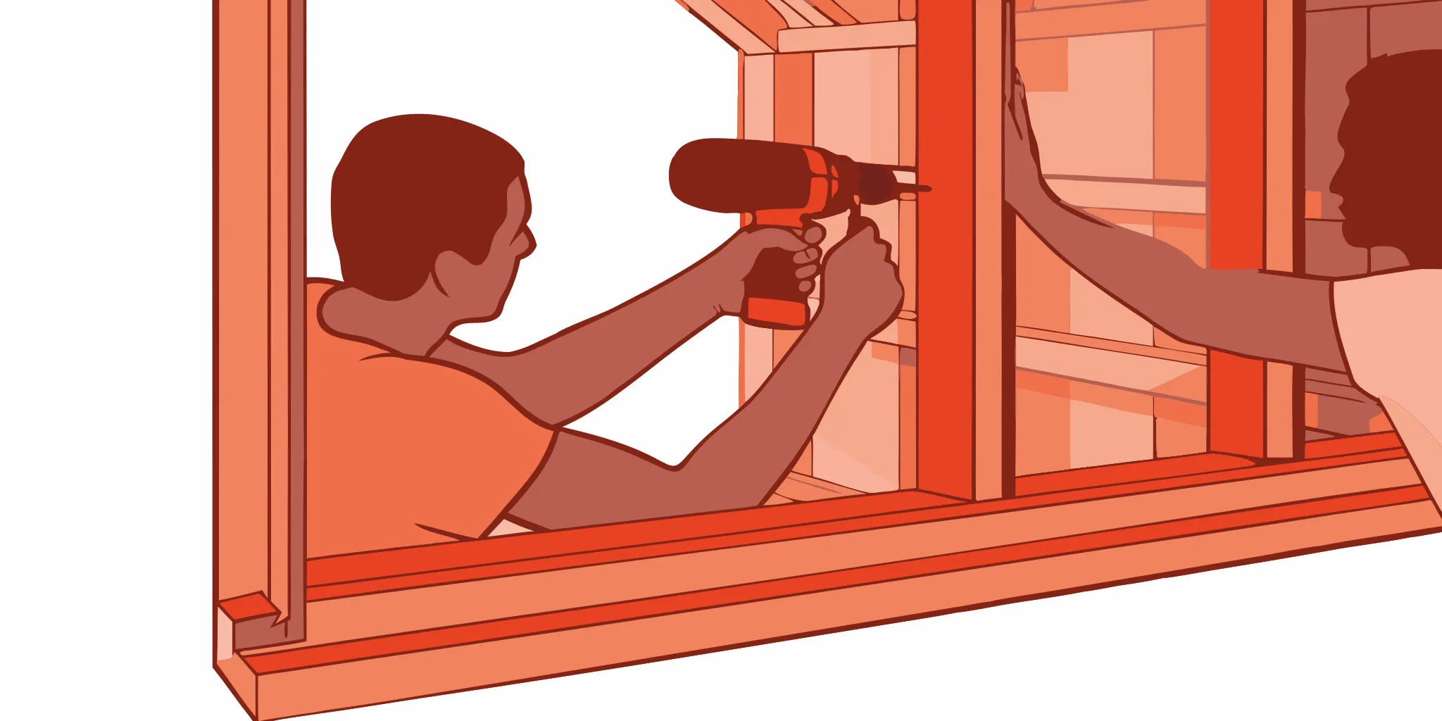 Installers fastening a new construction window with a nailing flange into exposed framing on a New Jersey home