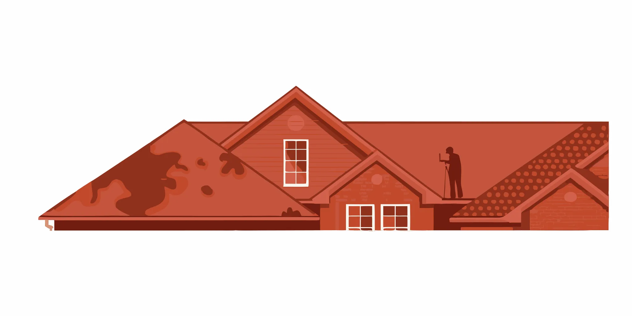 A roofer inspects a damaged roof to estimate the leak repair cost.