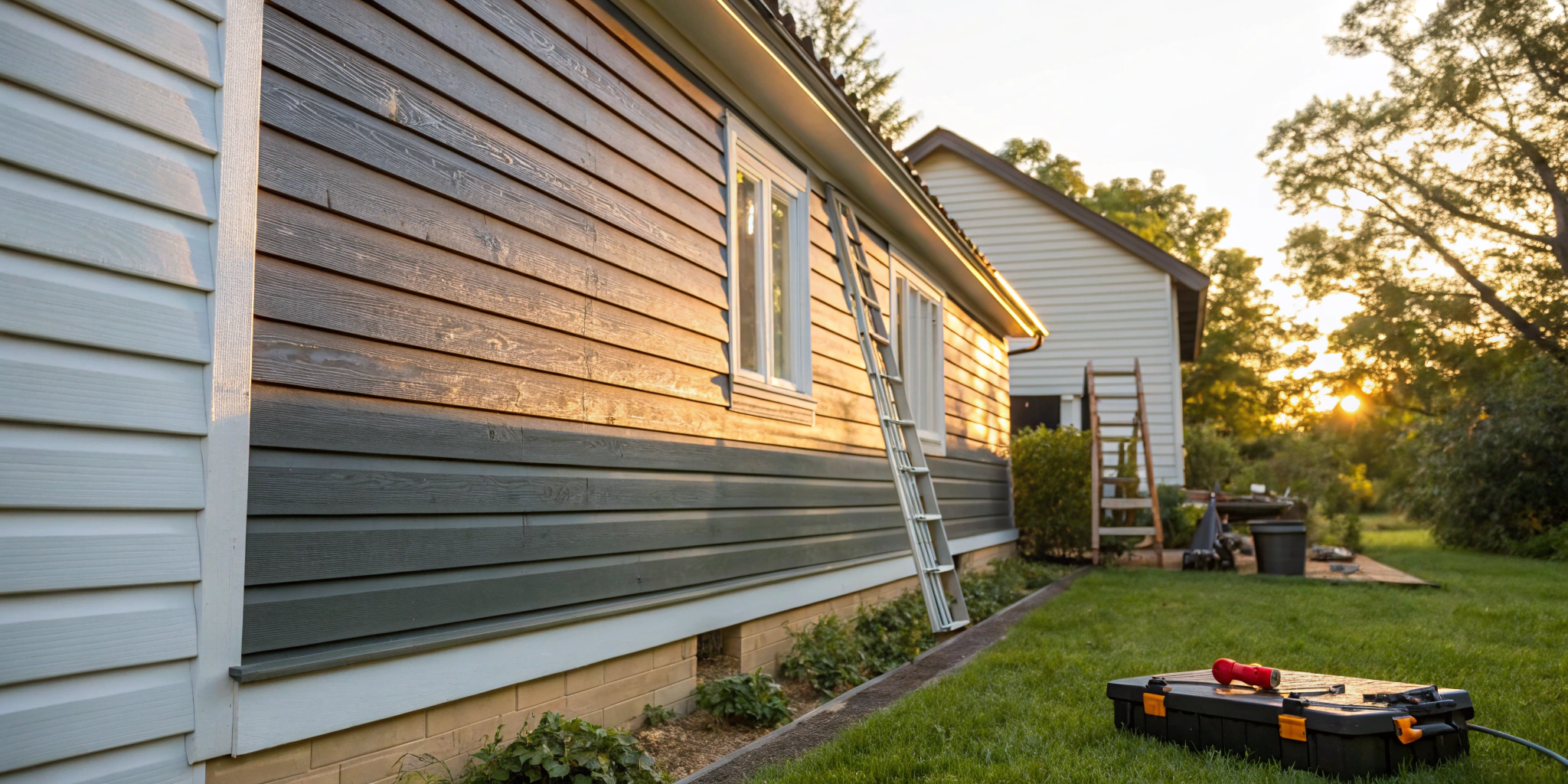 House with wood siding undergoing repair, with a ladder and toolbox on the lawn.