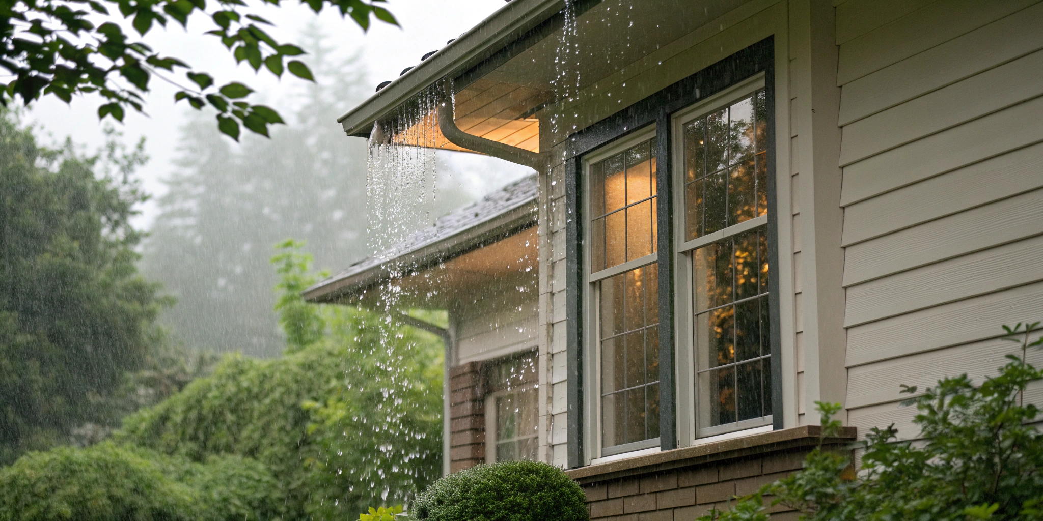 Storm windows protecting a home from heavy rain during a storm.